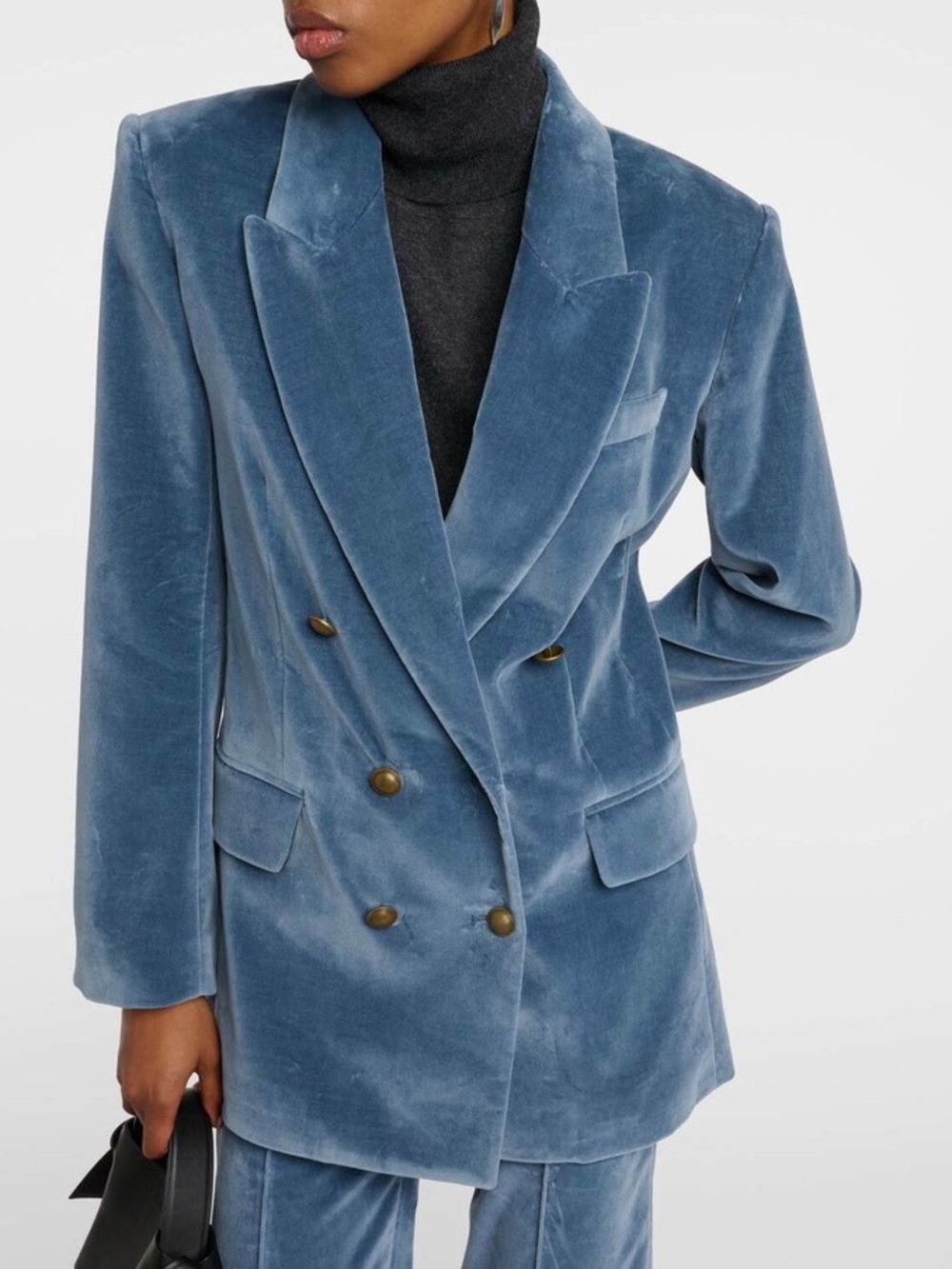 FRAME Double-Breasted Cotton-Blend Velvet Blazer Blue with Gold Accents Size 6 - Picture 5 of 15